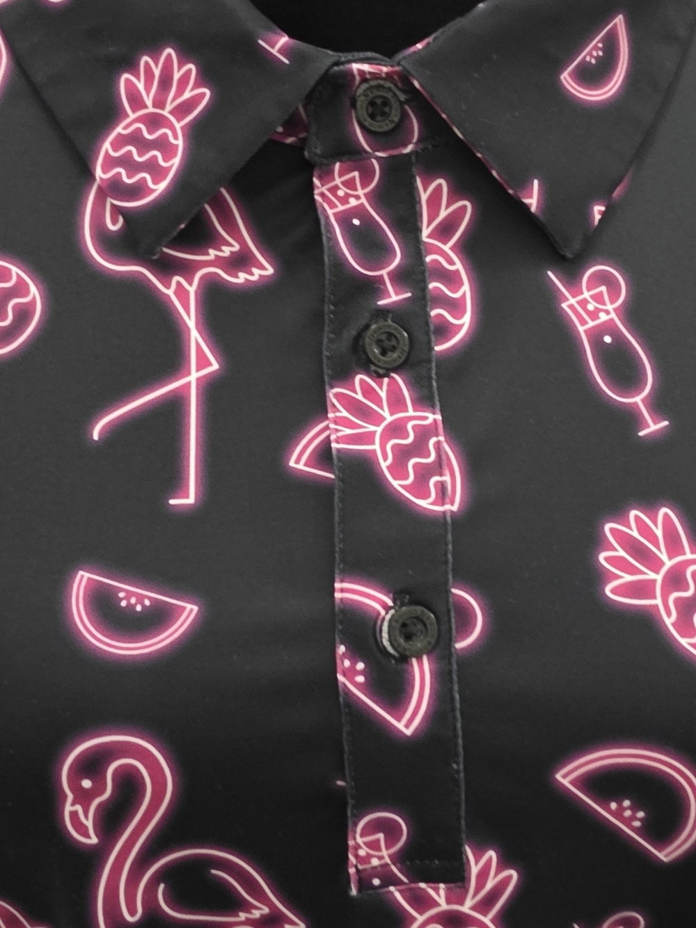 Neon Pink Flamingo Print Black Button-Down Shirt